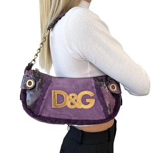 DOLCE&GABBANA Vintage DG Logo Shoulder Bag Purple Gold Suede Zip Chain Leather