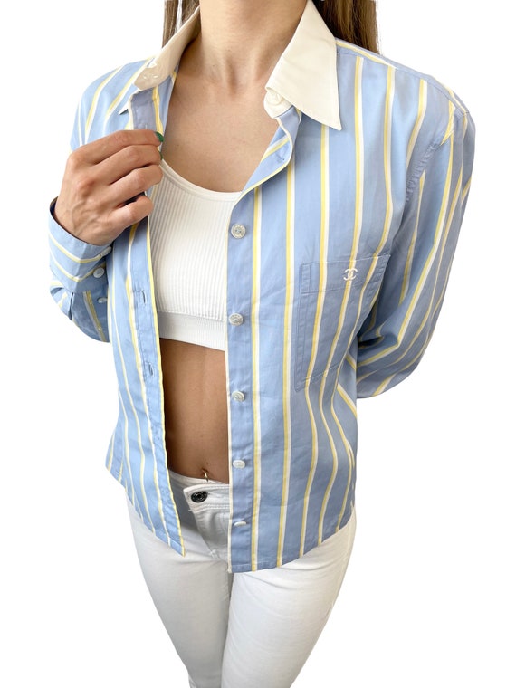 CHANEL Vintage CC Logo Stripe Button up Shirt Top Blue Yellow 