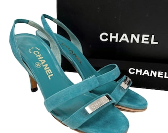 CHANEL Vintage 98P Logo Plate Sandals #37.5 US7.5 Turquoise Blue Suede Rank AB