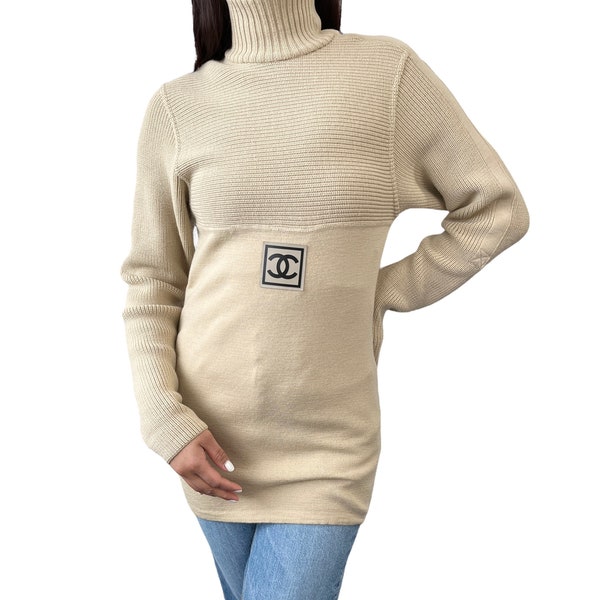 CHANEL Sport Vintage Coco Mark Logo Sweater Beige Wool High Neck RankAB