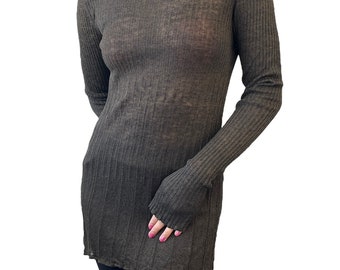 CHANEL Vintage CC Mark Ribbed Sweater Knit Top Long Sleeve Khaki Rayon Rank AB+