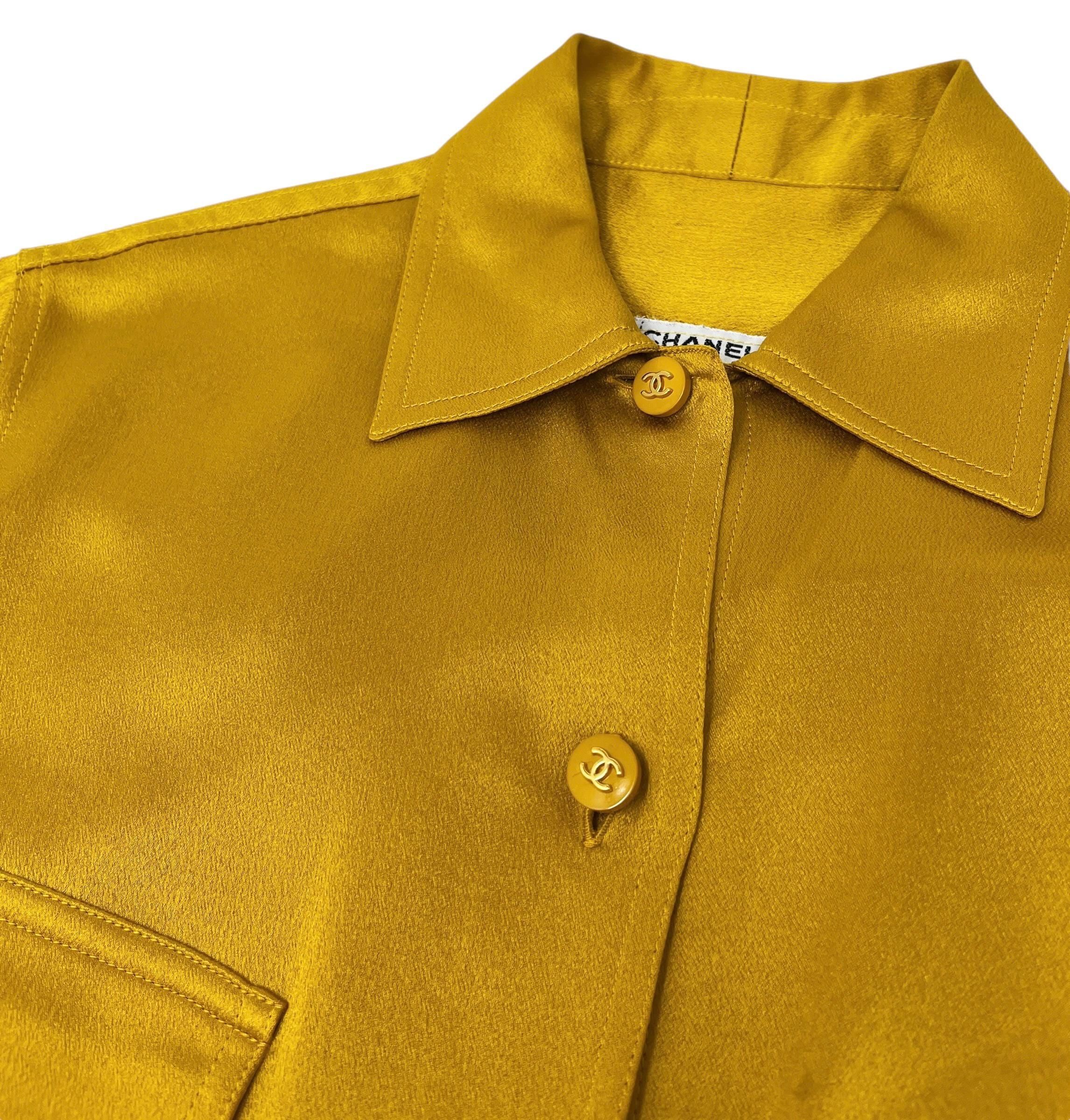 CHANEL Vintage CC Logo Shirt Top Button up Pocket Yellow