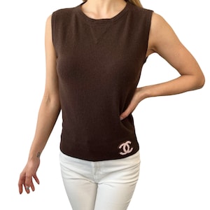 CHANEL Vintage 04A CC Logo Camellia Camisole #38 Top Beige Rayon Rank AB