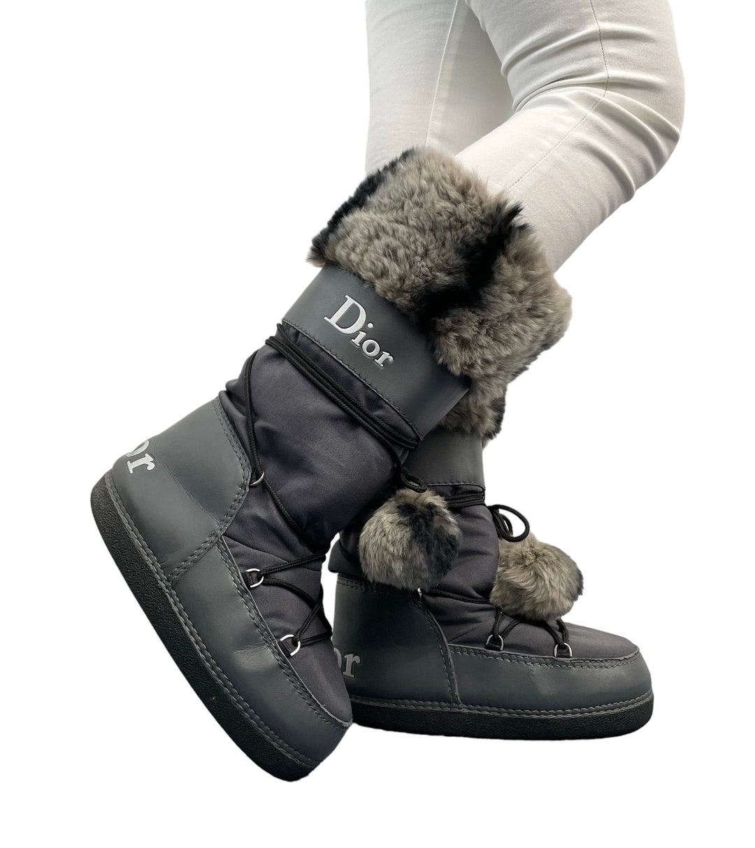 Christian Dior Vintage Big Logo Snow Boots 35-37 US7 Fur Gray 