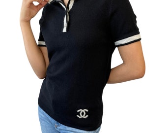 CHANEL Vintage 04A CC Mark Knit Polo Top #38 Button Black Cashmere Rank AB