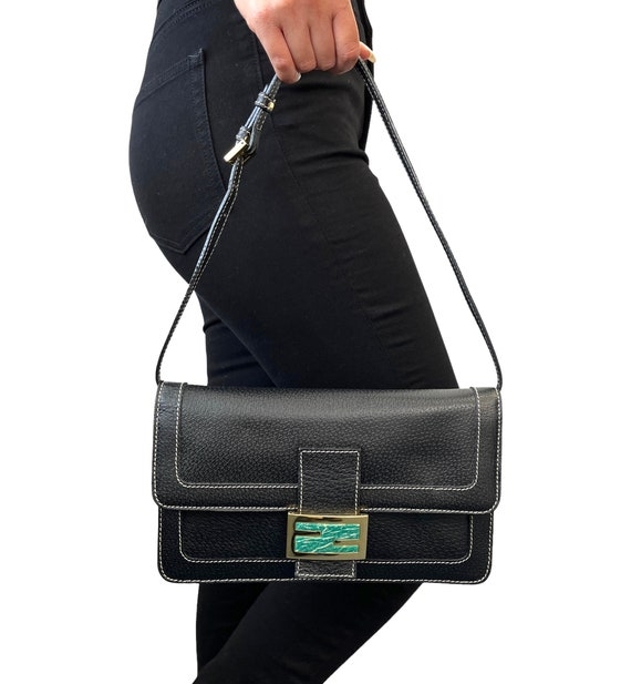 Fendi FF Vintage Mama Baguette in Dark Gray/Green Cotton with Teal Turquoise Hardware
