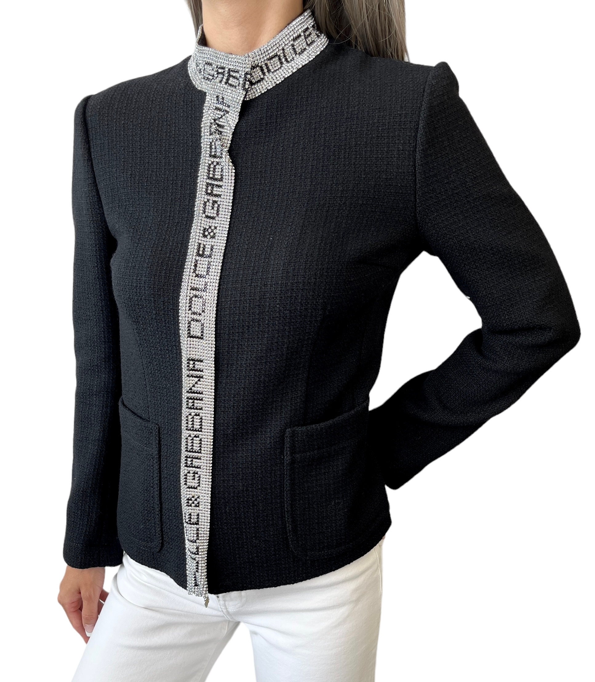 DOLCE GABBANA Vintage Logo Rhinestone Jacket 38 Black Silver Wool Rank AB