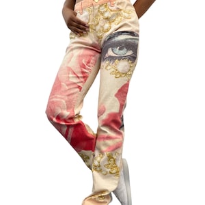 Roberto Cavalli Vintage Logo Jewel Print Pants #XS Glitter Orange Gold RankAB+
