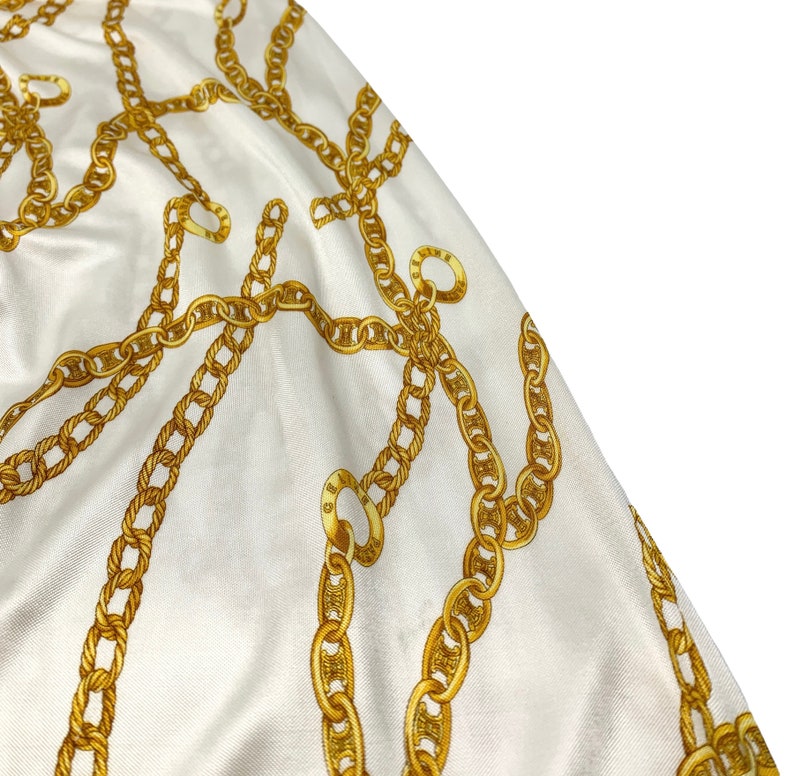 CELINE Vintage Logo Chain Pattern Dress S Strapless Gold White Rayon Rank AB image 8