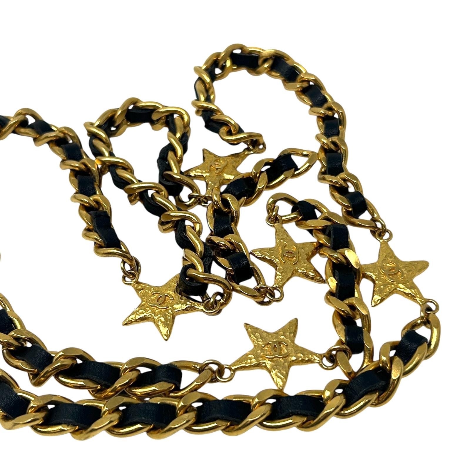 CHANEL Vintage 95A CC Logo Chain Belt Gold Black Leather Metal Star [105490] CHANEL Vintage 95A CC Logo Chain Belt Gold Black Leather  main image 2