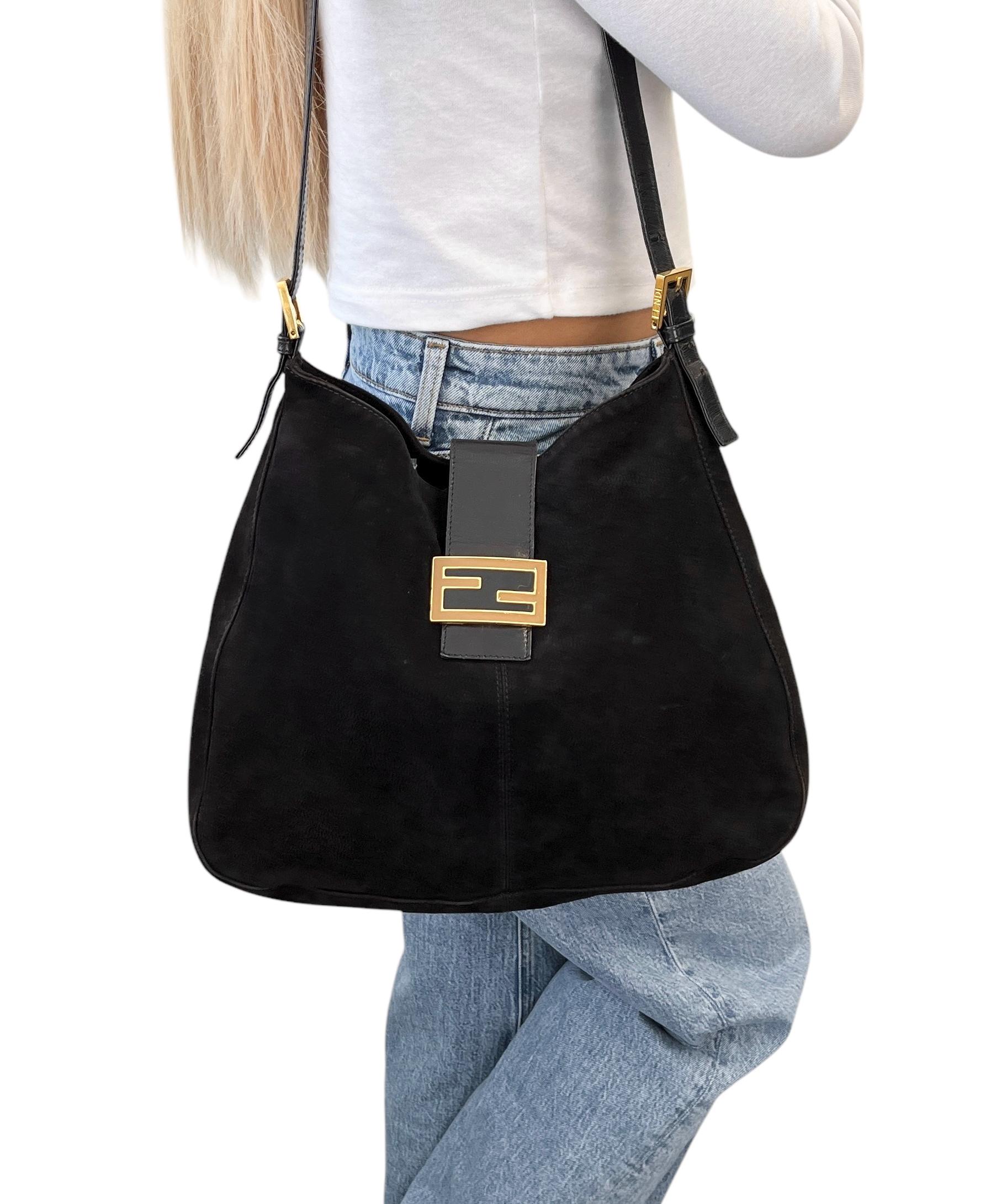 FENDI Vintage FF Logo Shoulder Bag Black Beige Gold Suede Leather Nylon