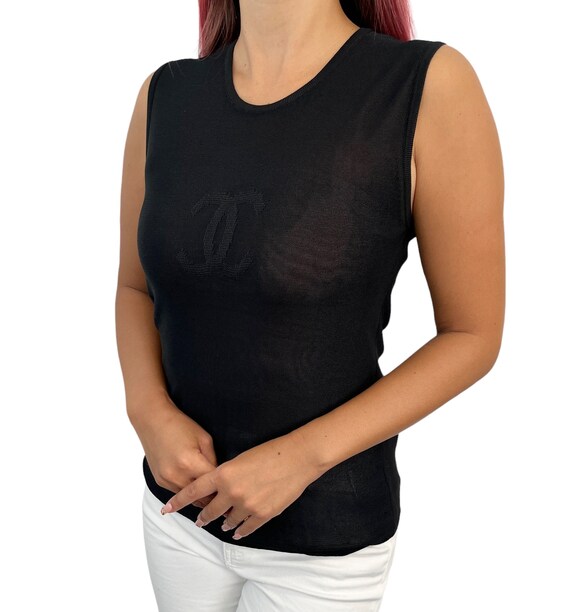 CHANEL CC White Cotton Knit Black Logo Sleeveless Tank Top - Size FR 38