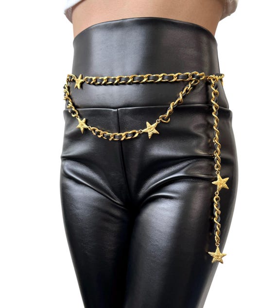 CHANEL Vintage 95A CC Logo Chain Belt Gold Black Leather  display picture 3