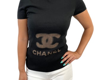 CHANEL Vintage P40676 Coco Mark Top #34 Summer Knit Black Cotton Rank AB+