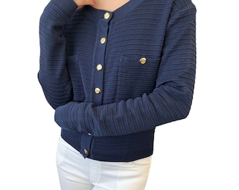 CHANEL Vintage CC Mark Gold Button Cardigan Top #38 Dark Blue Cotton Rank AB