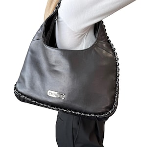 CHANEL Vintage Logo Plate Chain Shoulder Bag Handbag Black Silver Leather