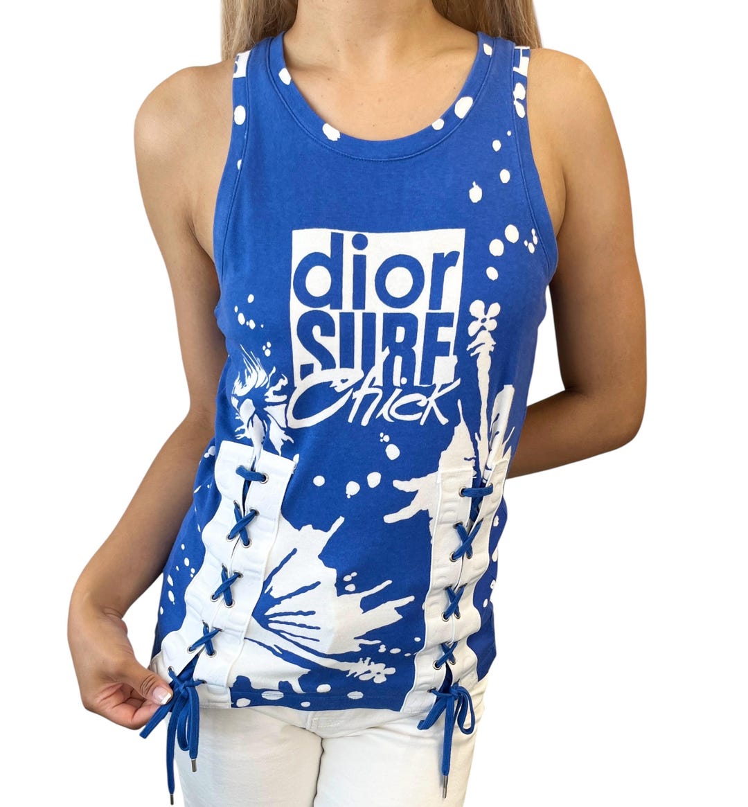 トップス Rare Dior Surf 2004SS Design Tops Christian Dior Vintage 2004 SURF Logo Tank Top #36 Blue White