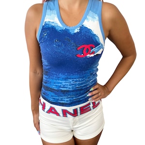 CHANEL Surf Vintage 02S CC Big Logo Tank Top #36 Blue Cotton