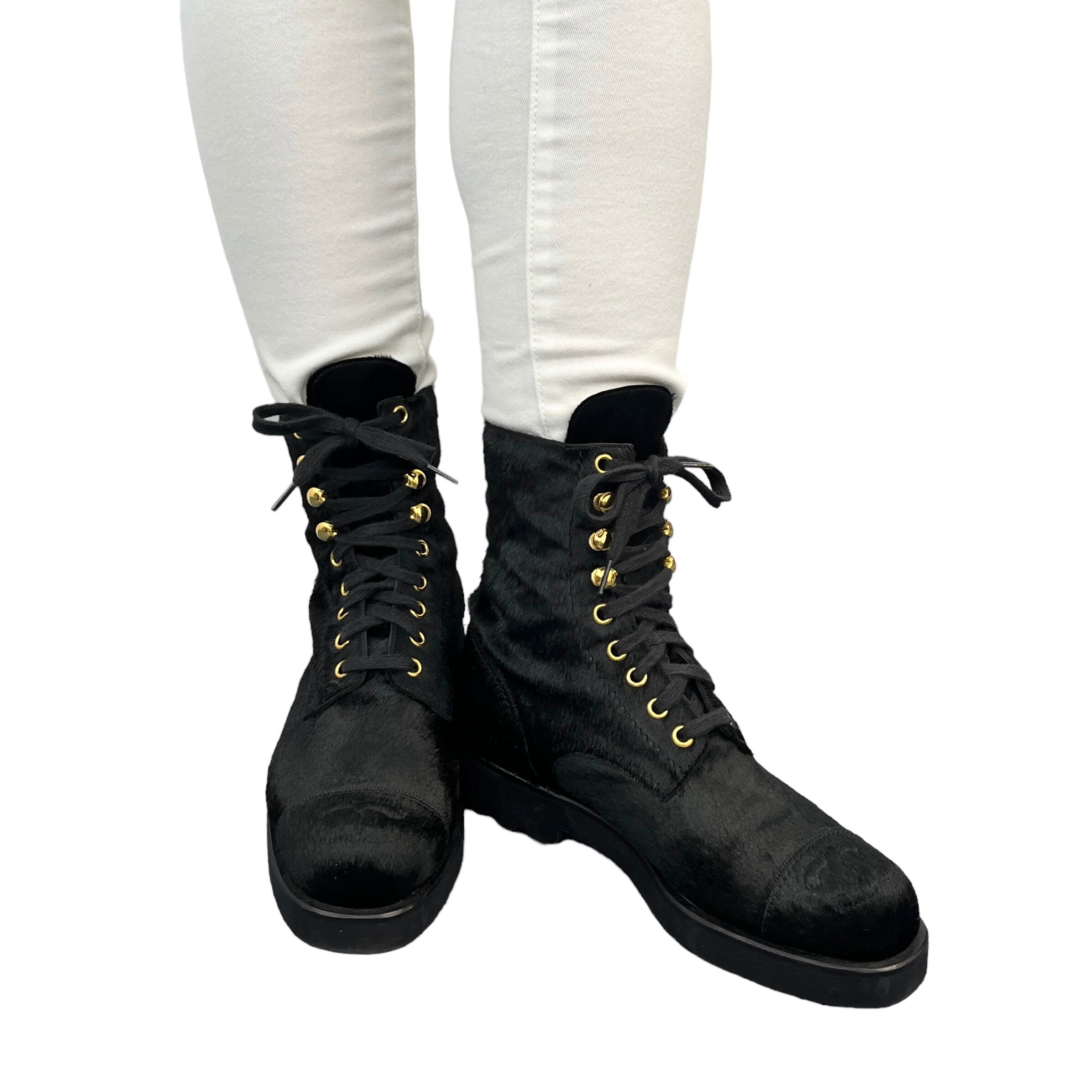 Chanel Ivory Black Camellia Floral Leather Combat Boots 36