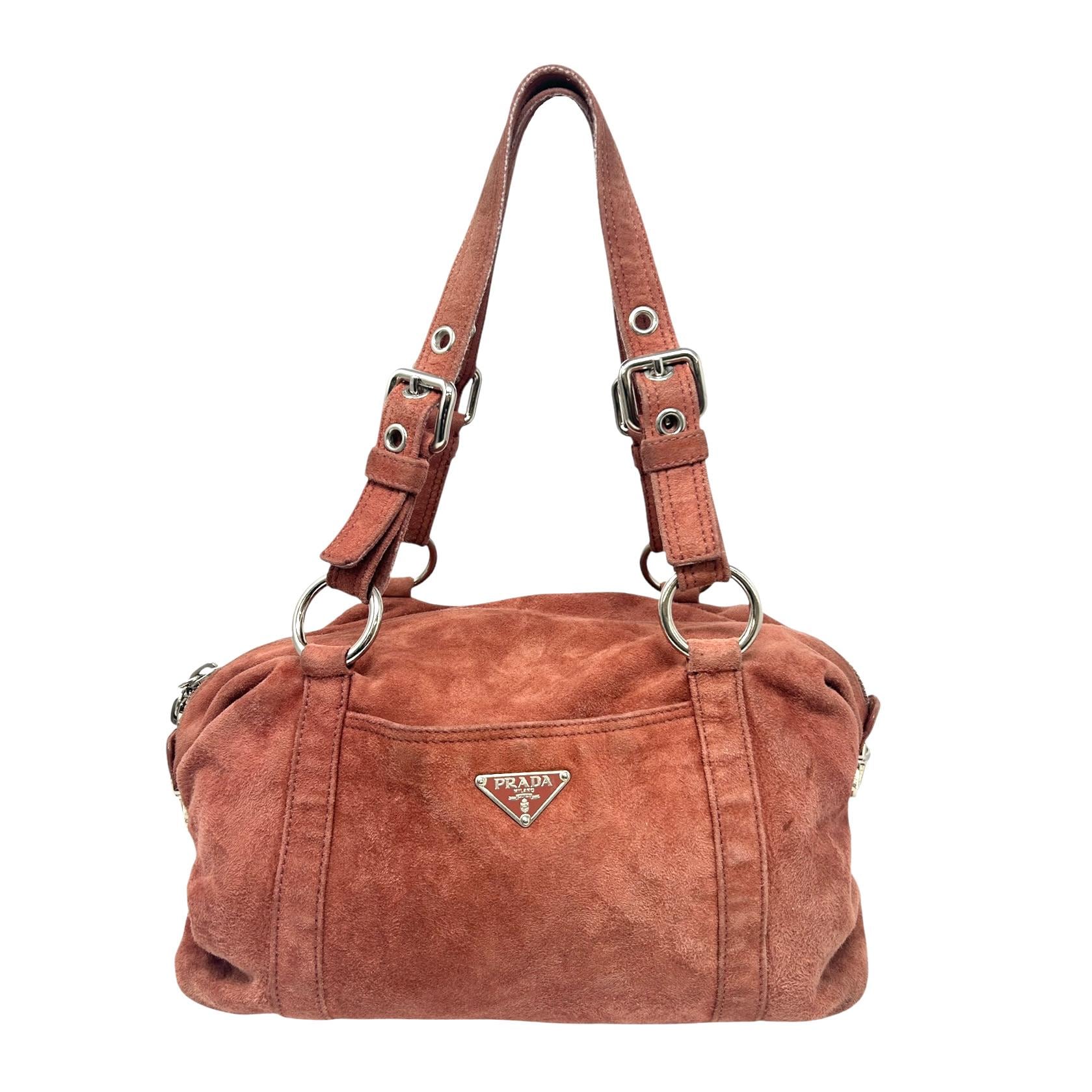 PRADA Vintage Logo Shoulder Bag Tote Red Brown Silver Handbag