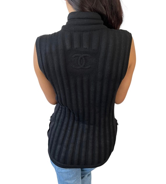 CHANEL Vintage P44560 Coco Mark Logo Zipped Vest Knit #36 Black  