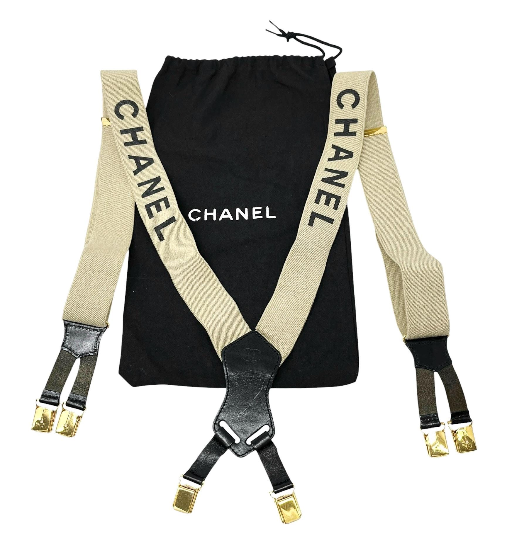 vintage CHANEL サスペンダー ベージュと黒 シャネル サスペンダー パロディ ベージュ×ブラック
