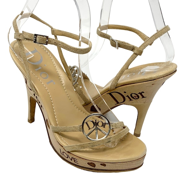 Dior Vintage Logo Strap Sandals #37 US 6.5 Heels Beige Suede Wood Rank AB