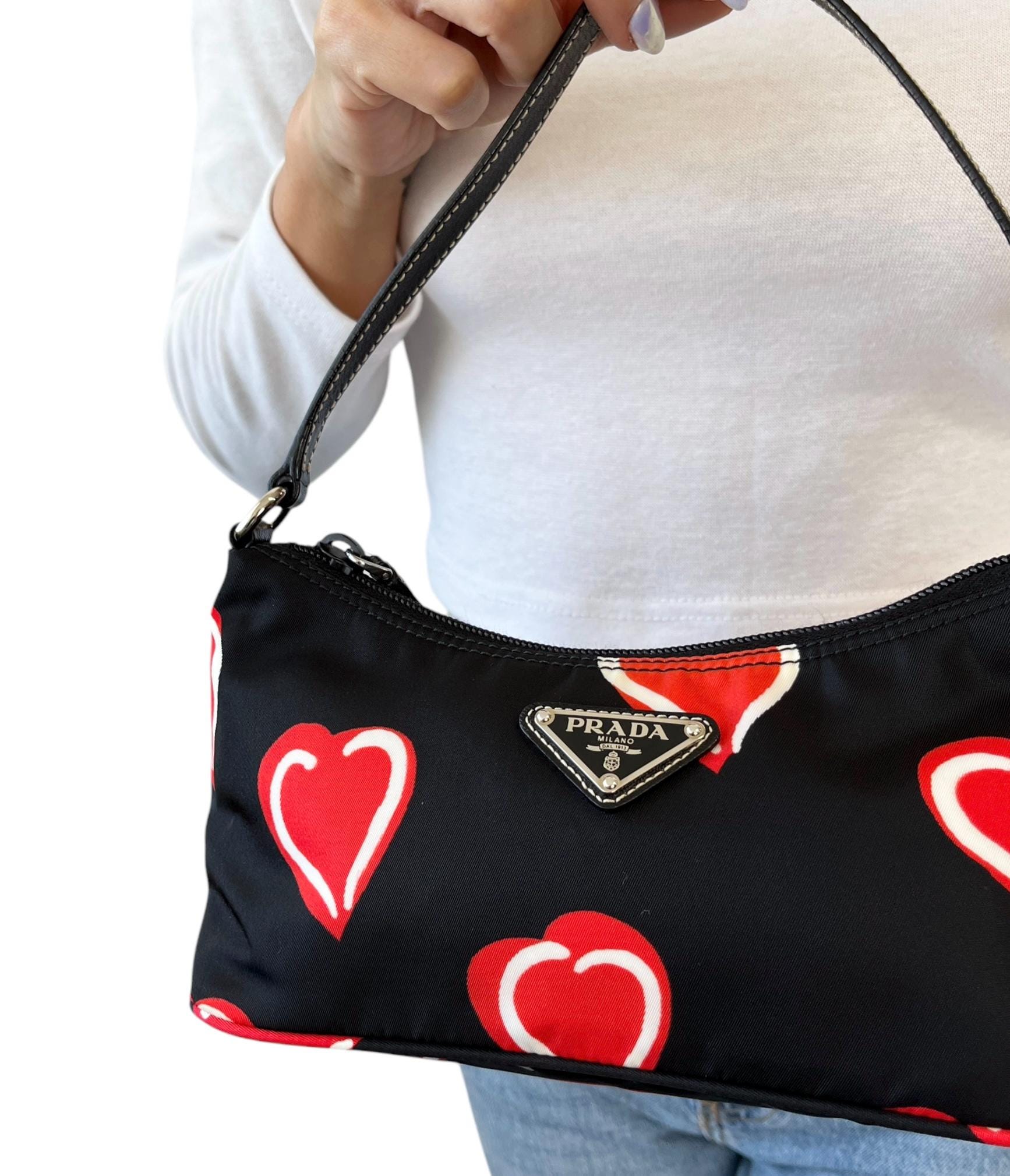 PRADA Vintage Logo Heart Pattern Shoulder Bag Pochette Black