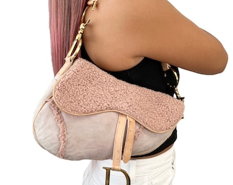 Christian Dior Vintage Logo Saddle Bag Shoulder Bag Pink Leather Wool RankAB