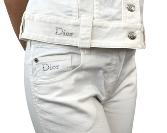 Christian Dior Vintage Logo Vest Pants Set White Cotton Rhinestone Rank AB