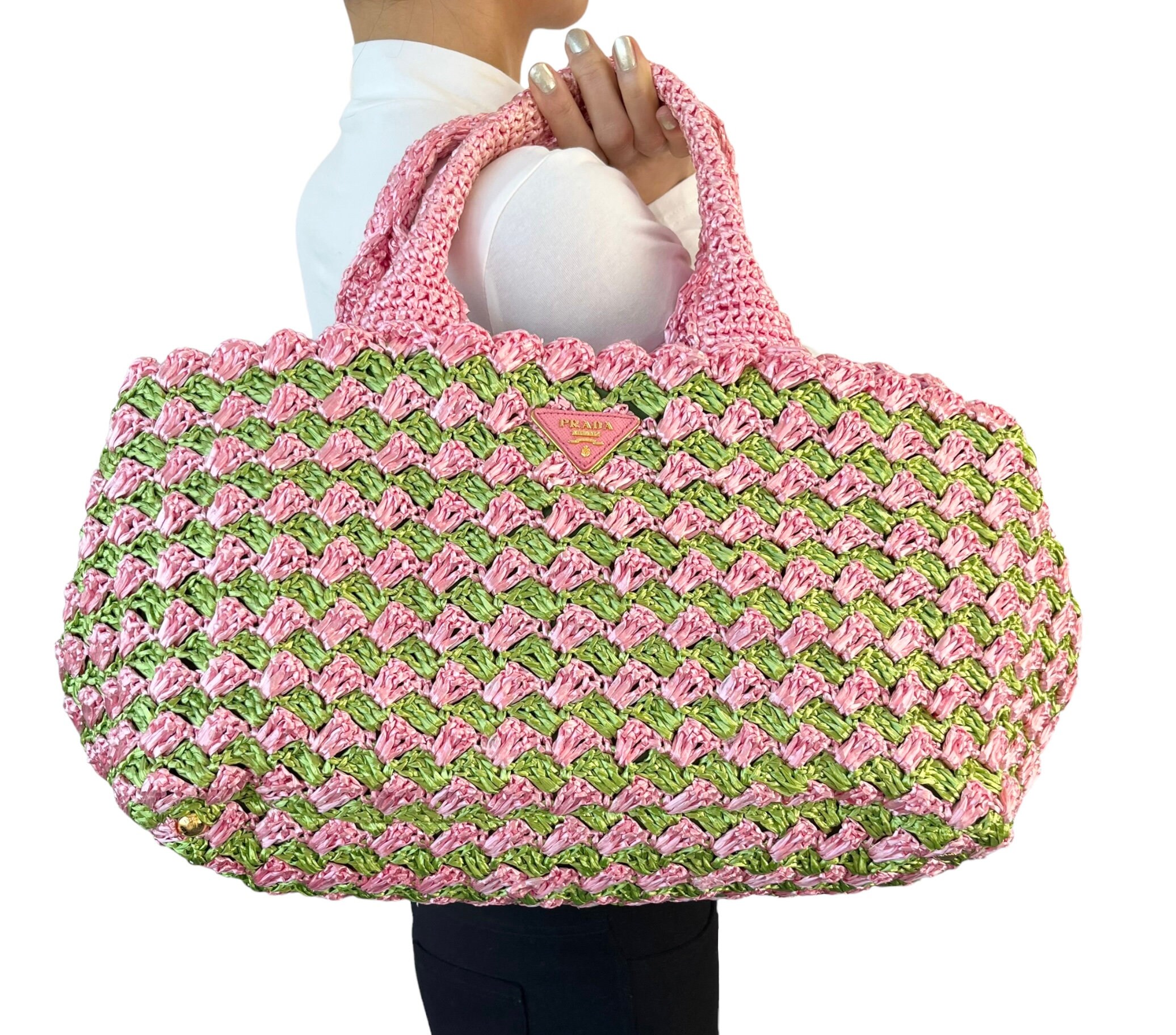 PRADA Vintage Logo Streifen Raffia Tote Bag Handtasche Rosa