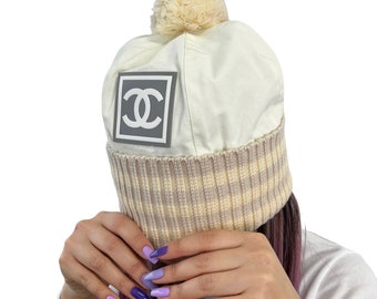 CHANEL Sport Vintage Coco Mark Beanie #L Winter Hat Stripe Knit Logo Rank AB