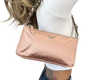 PRADA Vintage Logo Pochette Shoulder Bag Pink Silver Silk Leather Zip Rank AB