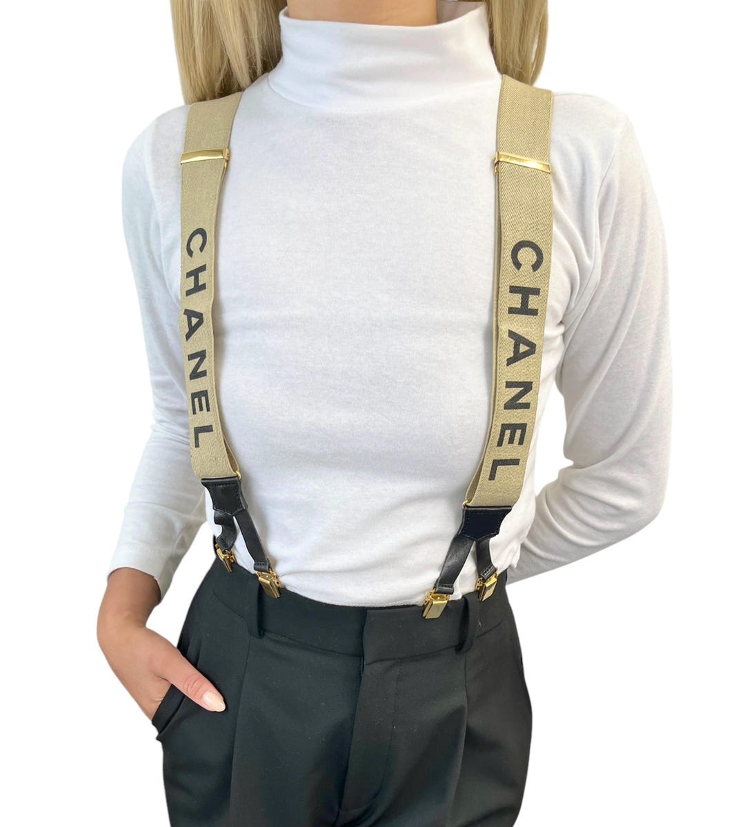 CHANEL サスペンダー CHANEL Vintage CC Logo Suspender Belt Accessory Beige Black