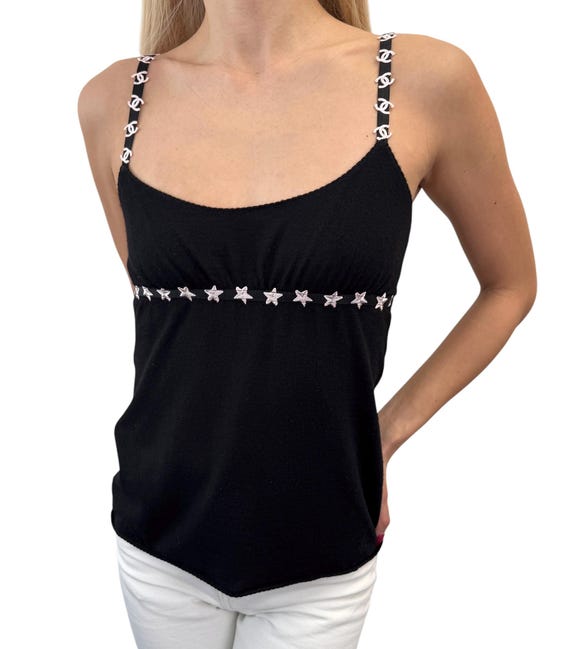 CHANEL Vintage 05A CC Mark Logo Camisole Top #38 Black Pink