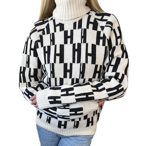 HERMES Vintage H Monogram Logo Turtleneck Sweater Top #S Cream Black Wool