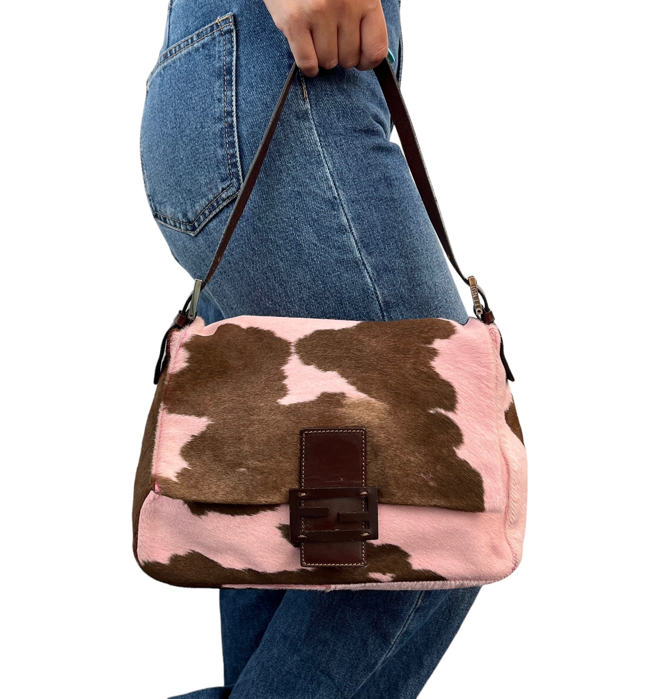 FENDI Vintage Mamma Baguette FF Logo Knit Shoulder Bag Pink 