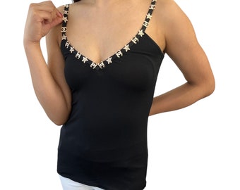 CHANEL Vintage 05A CC Logo Camisole #38 Top Star Black Cream Silk RankAB