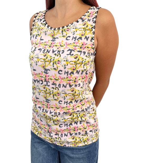 Vintage Chanel Camellia Watercolor Tank Top With Pleated -  Sweden