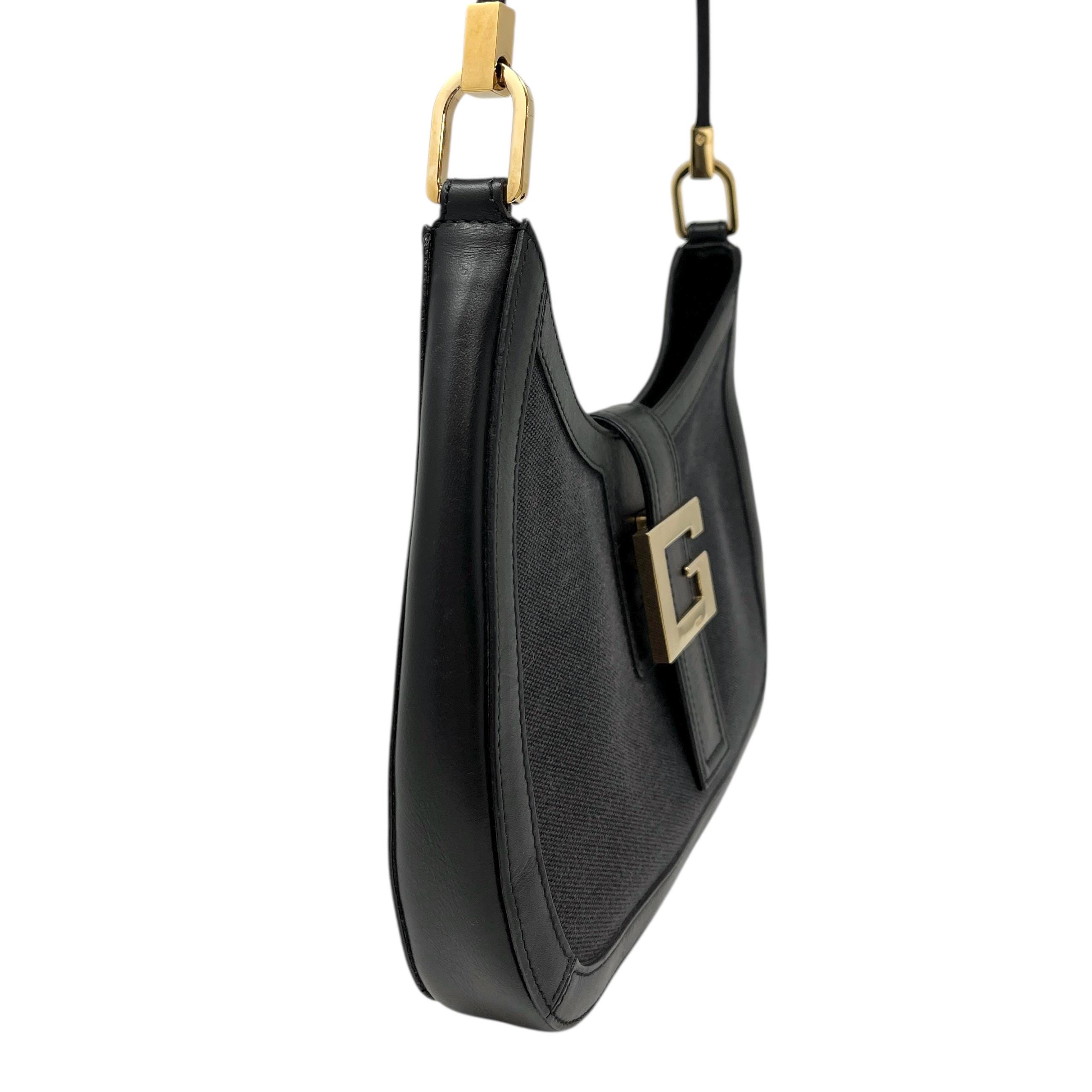 GUCCI Vintage G Square Logo Shoulder Bag Magnet Black Gold Cotton