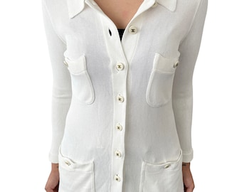 CHANEL Vintage Coco Mark Logo Cardigan Tops Knit Button Rayon White RankAB+