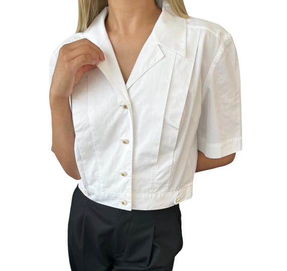 Camisa corta con botones y marca CC vintage de CHANEL en algodon blanco y dorado Rango AB Etsy Mexico