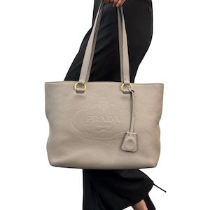PRADA Vintage Logo Shoulder Bag Magnetic Zip Beige Gold Leather