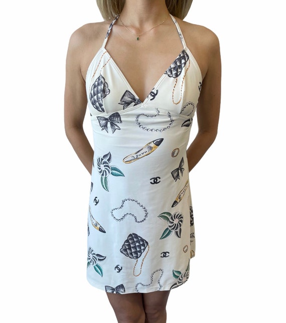 CHANEL Vintage Coco Mark Mini Dress Swimwear #38 Nylon Ivory