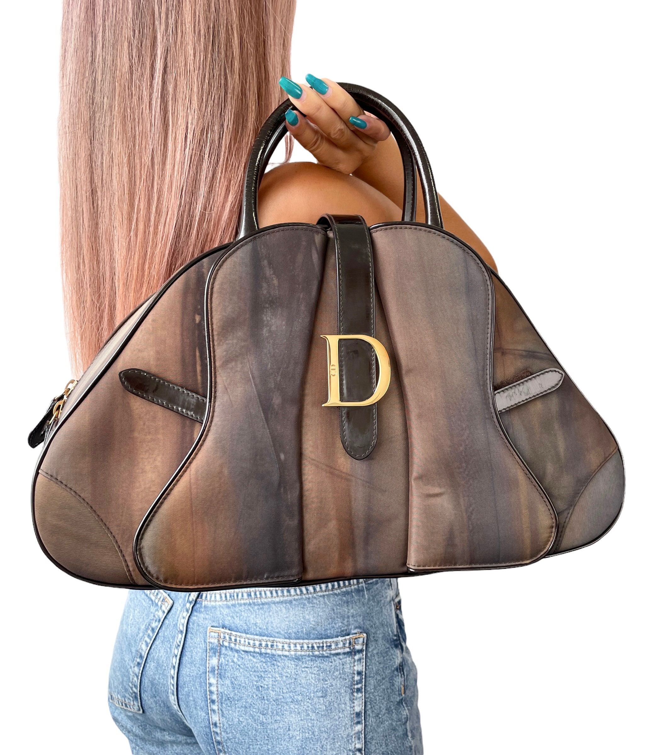 CHRISTIAN DIOR Denim Logo Double Saddle Bag with Pouch