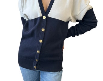 Top maglione cardigan CC vintage CHANEL #L bicolore bianco blu cotone RankAB