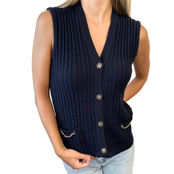 CELINE Vintage Macadam Logo Button Vest 38 Top Dark Blue