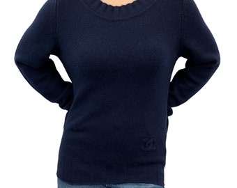 CHANEL Vintage P44576 Coco Mark Logo Sweater Top #36 Dark Blue Cashmere RankAB