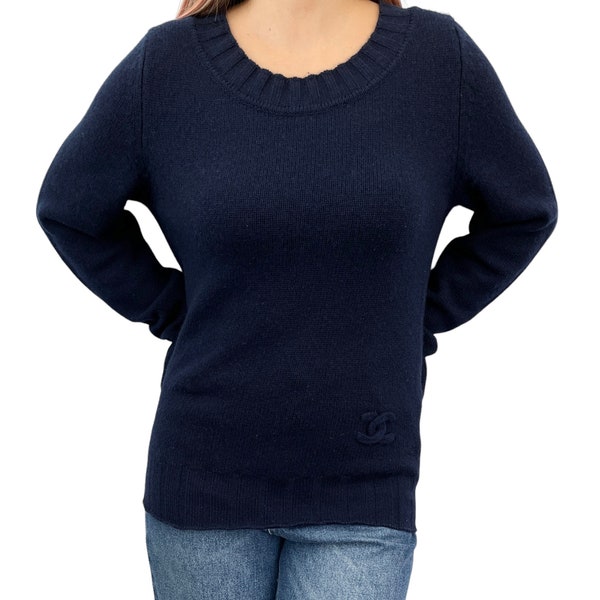 CHANEL Vintage P44576 Coco Mark Logo Sweater Top #36 Dark Blue Cashmere RankAB