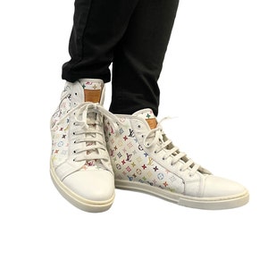 Louis Vuitton White Leather And Multicolor Monogram Canvas Lace Up Sneakers  Size 39.5 Louis Vuitton